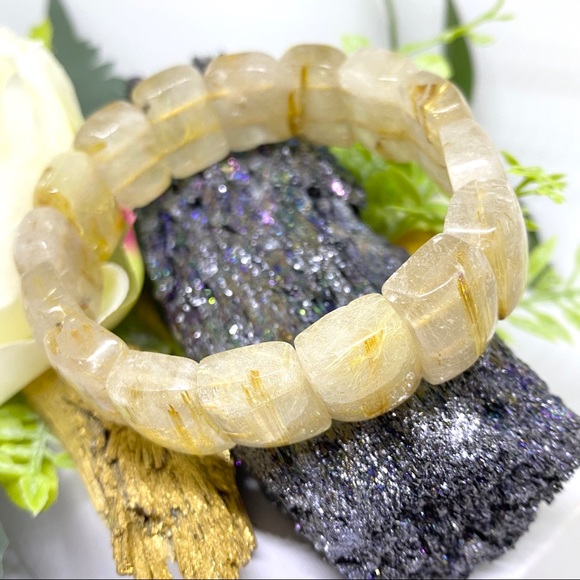 Semi Precious Golden Rutile Quartz Gemstone Crystal Bracelet - Picture 2 of 16